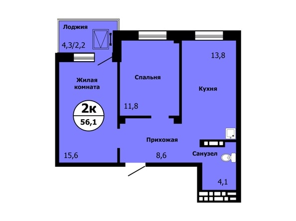 Планировка 2-комн 55,7 - 56,3 м²