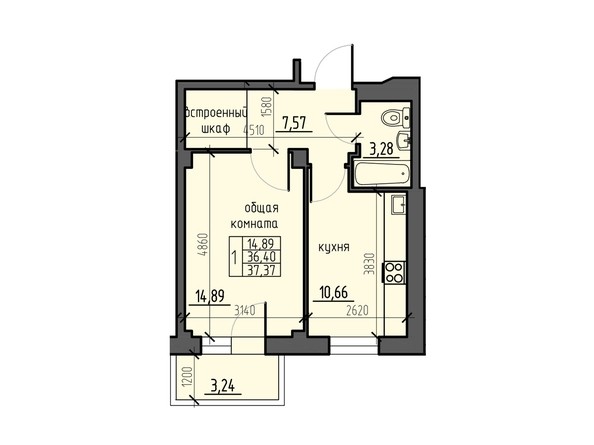 Планировка однокомнатной квартиры 37,37 кв.м