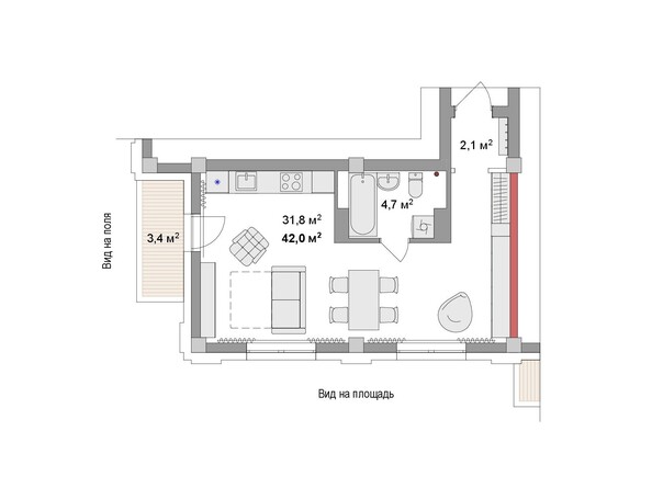 Планировка Студия 42,7, 42,71 м²
