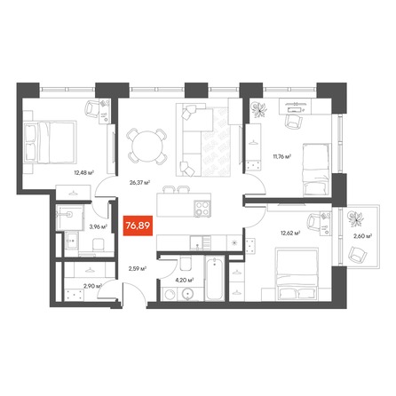 Планировка 3-комн 76,29 м²