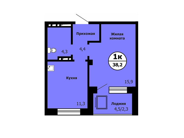 Типовая планировка 1-комнатной квартиры 38,2 кв.м