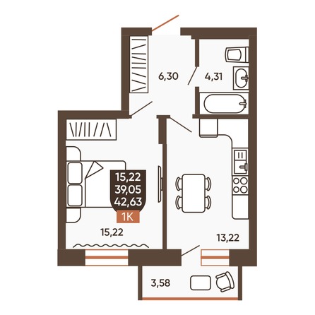 Планировка 1-комн 40,28 - 40,89 м²