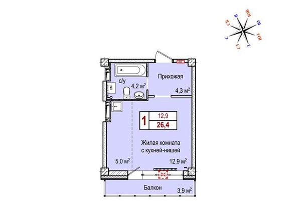 Планировка однокомнатной квартиры 26,4 кв.м