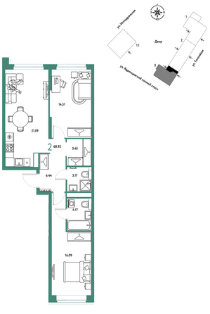 Планировка 2-комн 68,92 м²