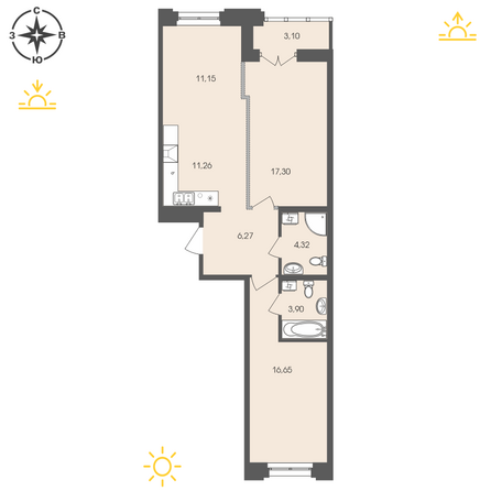 Планировка 2-комн 73,95 - 74,28 м²