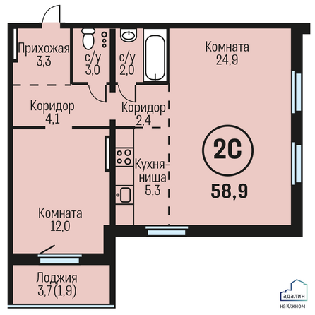 Планировка 2-комн 58,9 м²