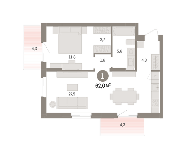 Планировка 1-комн 61,99 м²