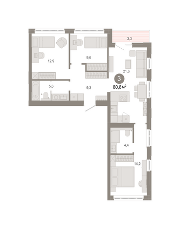 Планировка 3-комн 80,83, 81,25 м²