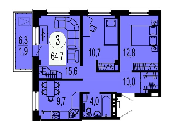 Планировка трехкомнатной квартиры 64,7 кв.м