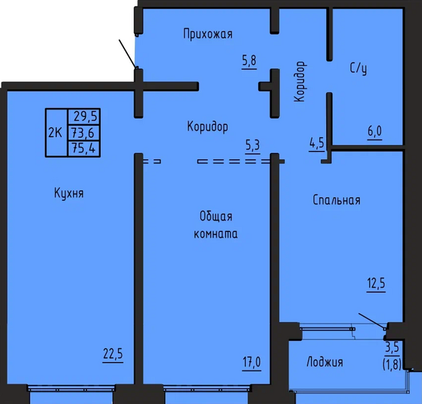 Планировка 2-комн 75,4 м²