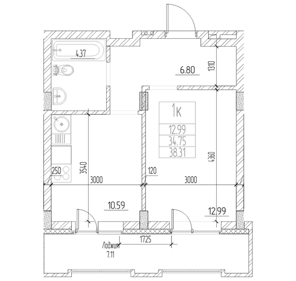 Планировка 1-комн 34,75 м²