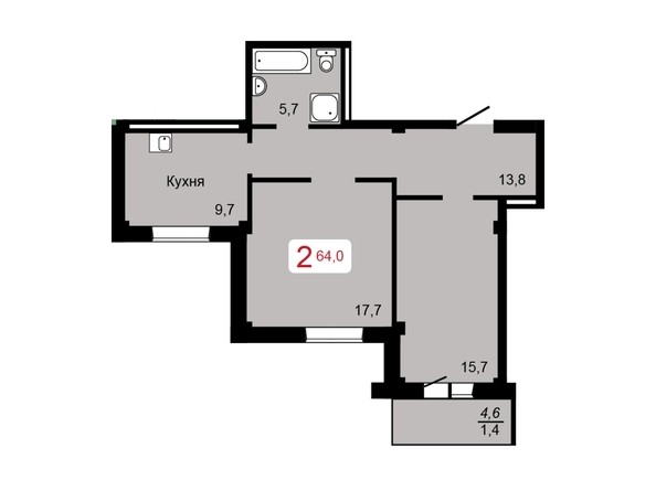 2-комнатная 64 кв.м