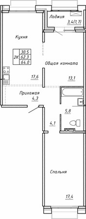 Планировка 2-комн 64 м²