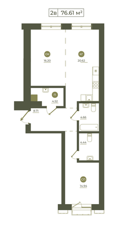 Планировка 2-комн 75,64, 76,61 м²