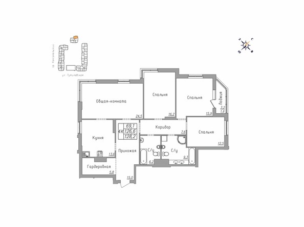 Планировка четырёхкомнатной квартиры 128,2 кв.м
