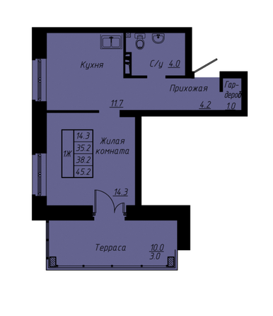 Планировка 1-комн 38 м²