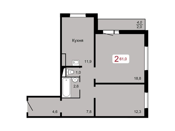 2-комнатная 61 кв.м