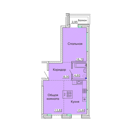 Планировка 2-комн 59,61 м²