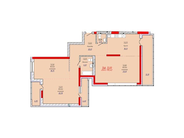 Планировка трехкомнатной квартиры 119,42 кв.м.