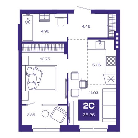 Планировка 2-комн 36,15, 36,26 м²