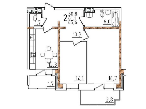 Планировка двухкомнатной квартиры 65,6 кв.м