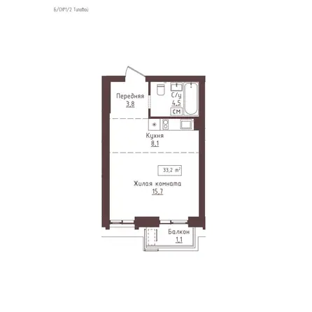 Планировка 1-комн 33,2 м²