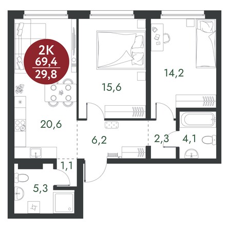 Планировка 2-комн 69,4, 69,85 м²