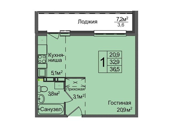 1-комнатная 36,5 кв.м