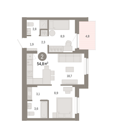 Планировка 2-комн 54,83 м²