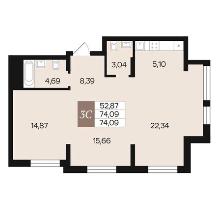Планировка 3-комн 74,09 м²