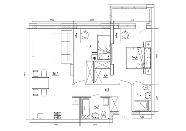 Планировка 3-комн 71,9 м²