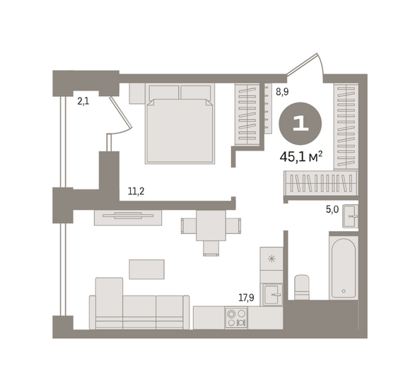 Планировка 1-комн 45,07, 45,08 м²