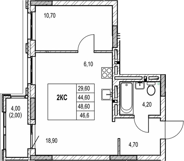 Планировка 2-комн 44,6 м²