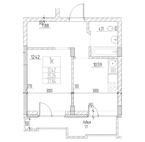 Планировка 1-комн 35,25 м²