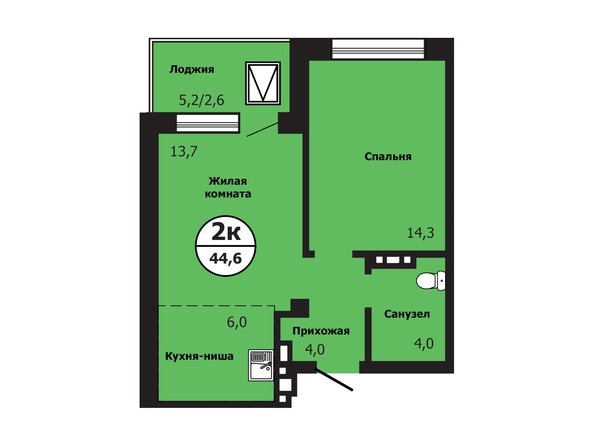 Планировка 2-комн 44,6 м²