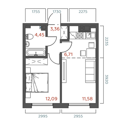 Планировка 1-комн 38,19 м²