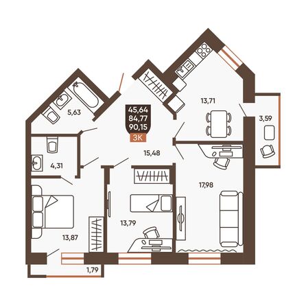 Планировка 3-комн 87,14 - 87,46 м²