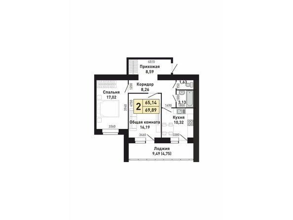 Планировка двухкомнатной квартиры 65,14 кв.м