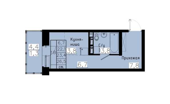 Планировка 1-комн 23,4 м²
