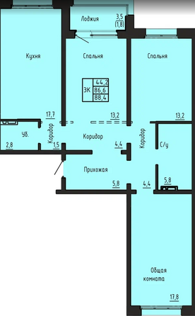Планировка 3-комн 88,4 м²