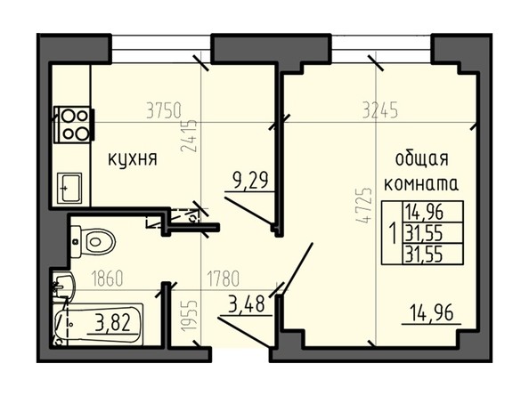 Планировка однокомнатной квартиры 31,55 кв.м
