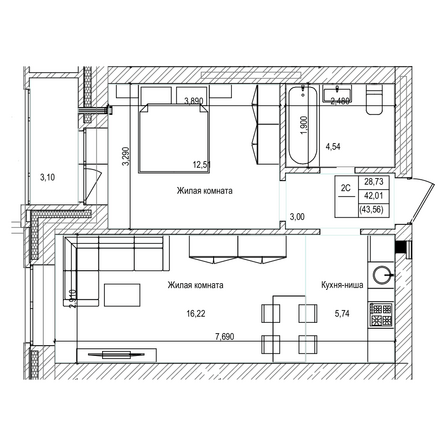 Планировка 2-комн 43,56 м²