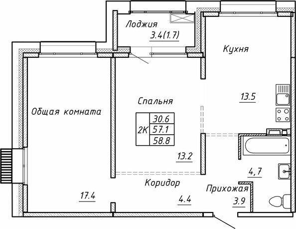 Планировка 2-комн 58,8 м²