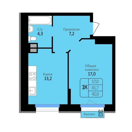 Планировка 1-комн 42 м²