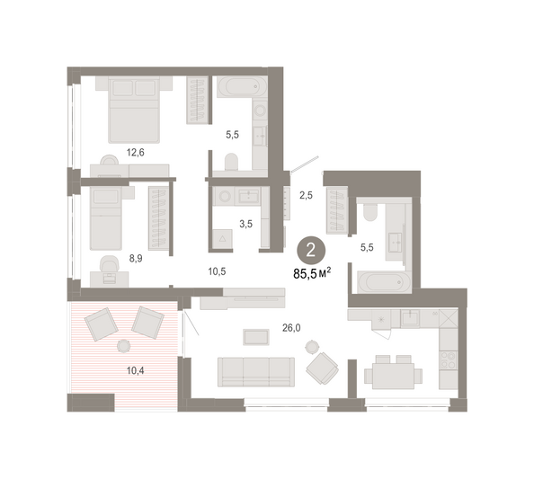 Планировка 2-комн 85,47, 85,59 м²