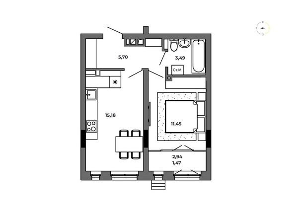 Планировка 1-комн 37,29 м²