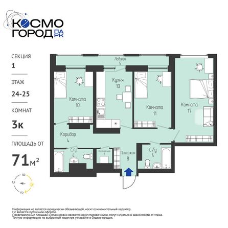 Планировка 3-комн 71,85 м²