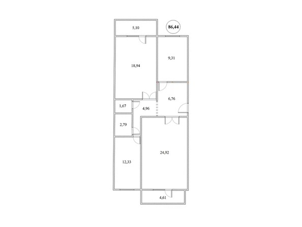 Планировка 3-комнатной квартиры 86,46 кв.м