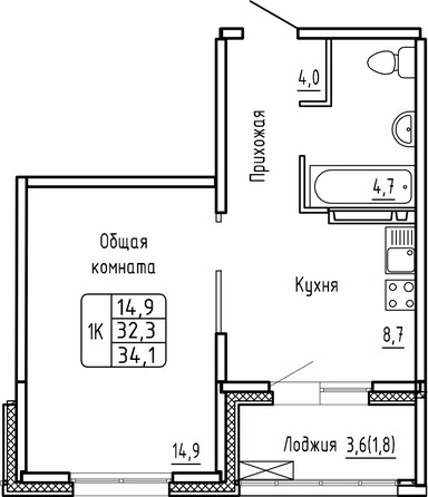 Планировка 1-комн 34 м²