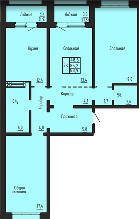 Планировка 3-комн 88,9 м²